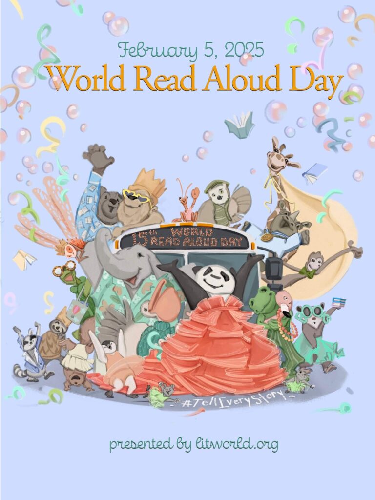Artistic and colorful illustration showcasing the theme of 'World Read Aloud Day' on February 5, 2025, presented by Litworld.org. The image depicts a collection of playful animal characters surrounding a central podium or stage.