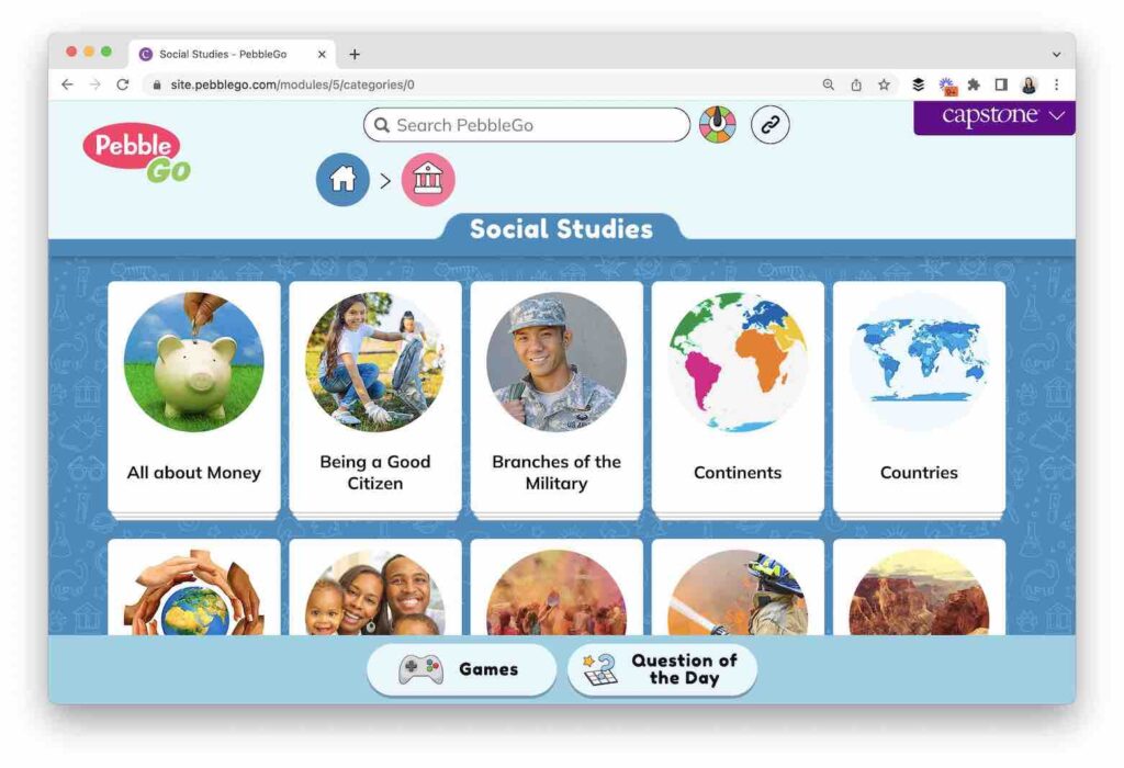 Social Studies Lessons - Categories in PebbleGo
