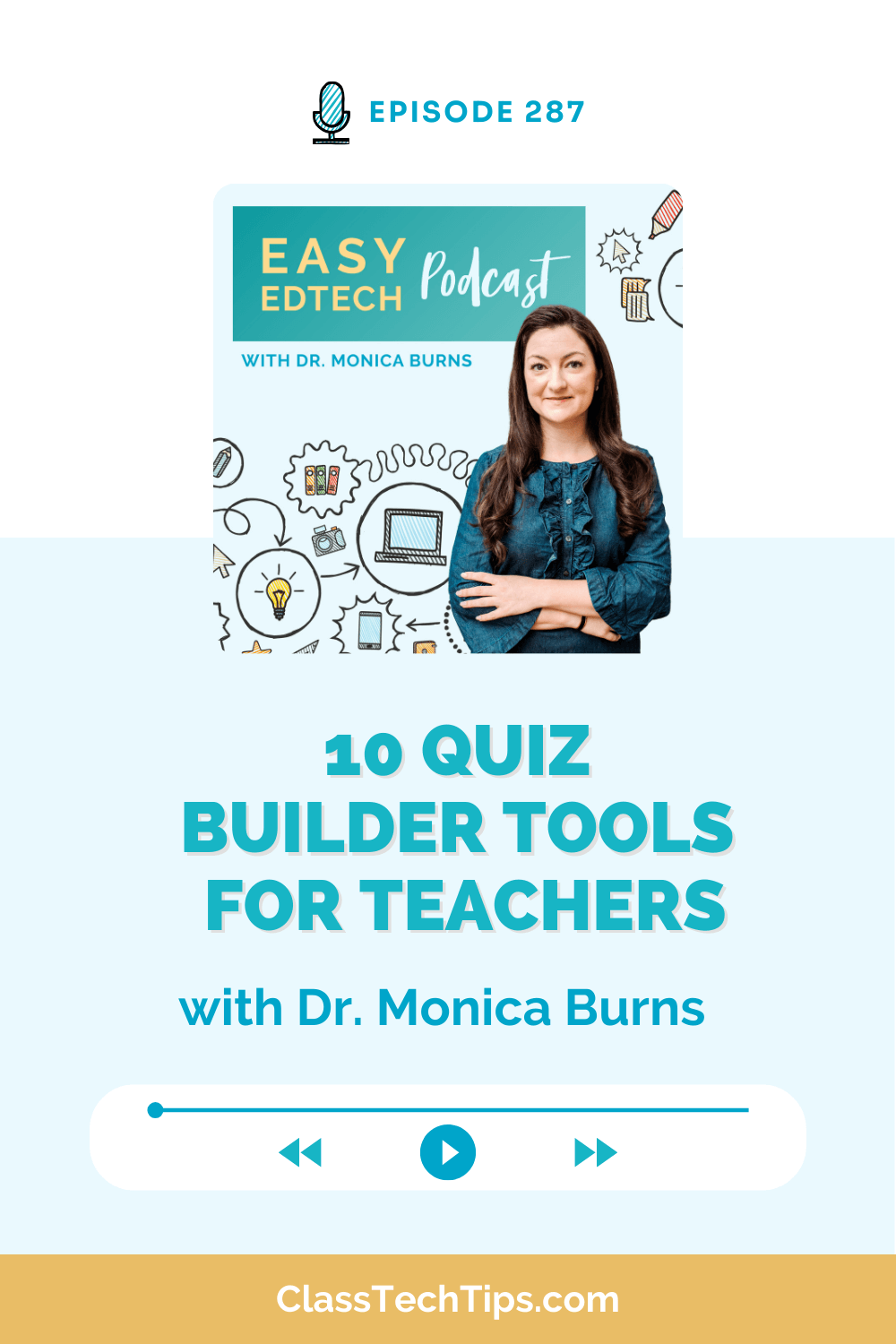 Episode 287 of the Easy EdTech Podcast highlights 10 quiz builder tools for teachers with Dr. Monica Burns sharing top resources for crafting quizzes.