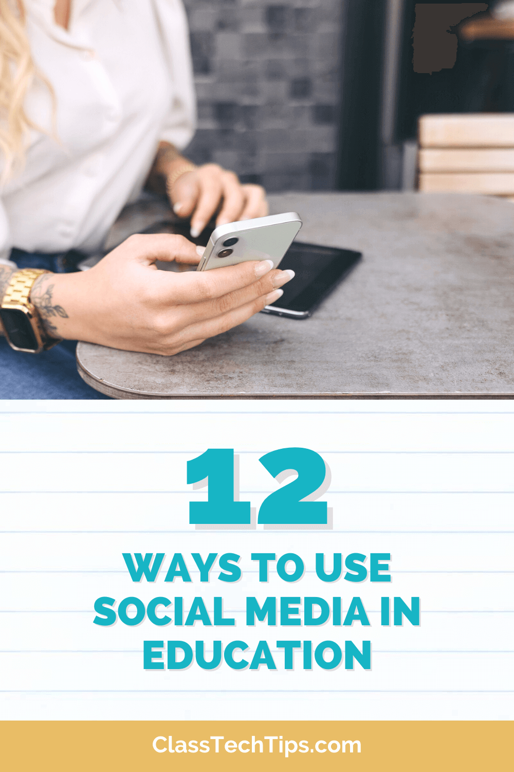 Teacher seated at a desk, engaging with social media on a cell phone, illustrating modern educational strategies.