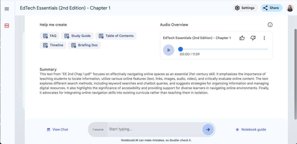 Screenshot of NotebookLM being used with the "EdTech Essentials" PDF to create summaries and audio content, demonstrating its use for instructional planning.