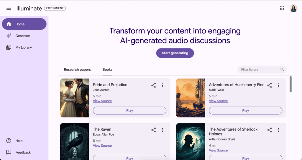 Google Illuminate interface displaying books like "Pride and Prejudice," illustrating how teachers can use NotebookLM to generate audio discussions for literature study.