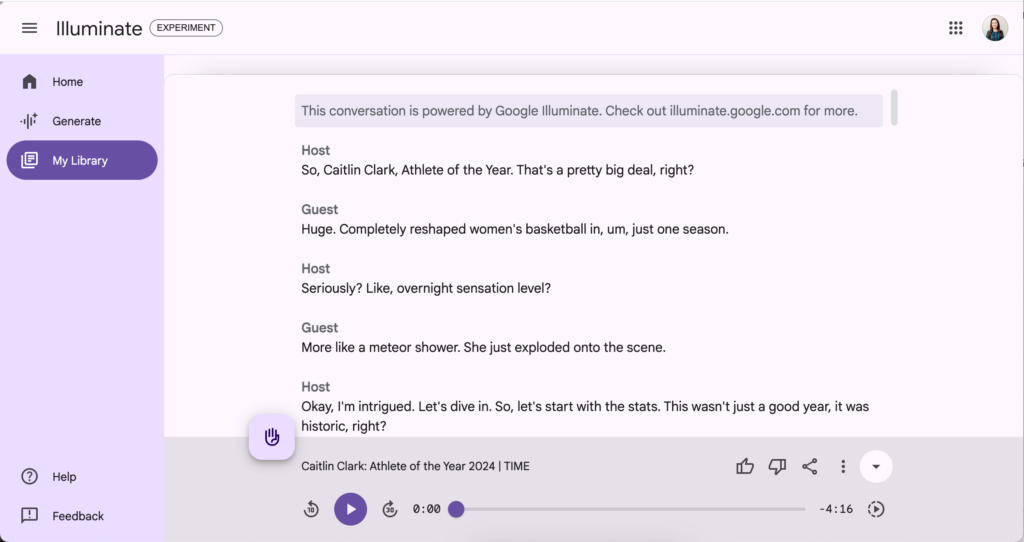 Example of AI-powered dialogue in Google Illuminate, showcasing how teachers can use NotebookLM to create interactive audio content for classroom use.