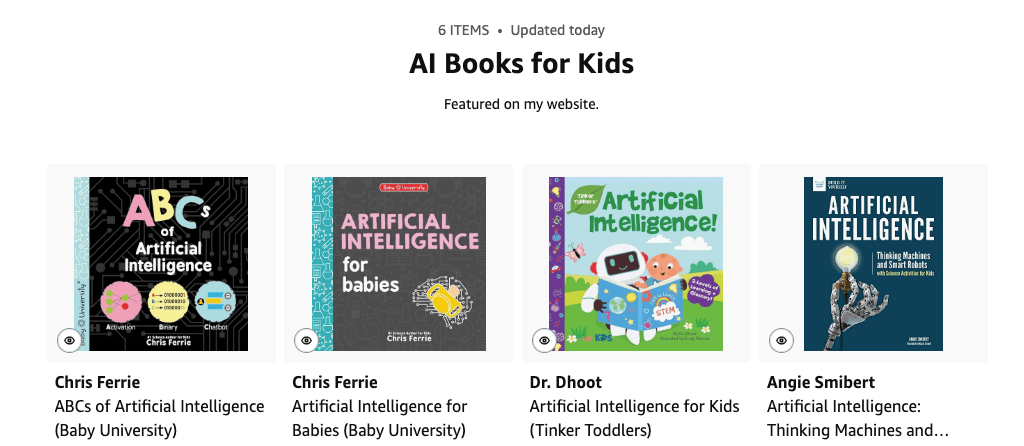 Screenshot of a curated list featuring 6 books about AI for kids, including titles like 'Artificial Intelligence for Babies' and 'ABCs of Artificial Intelligence.'