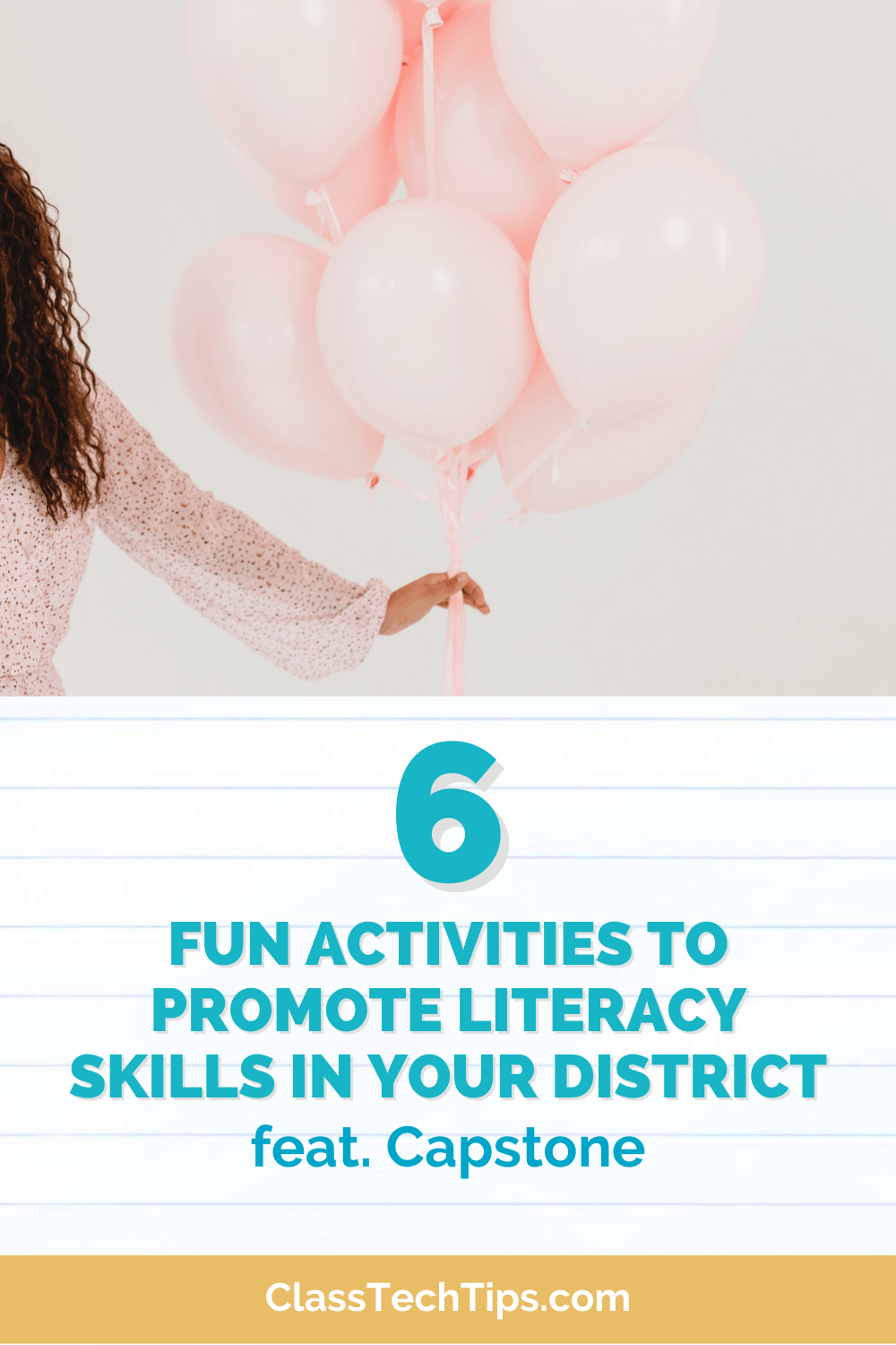 image of a woman holding pink balloons, symbolizing the joy and excitement of fun activities that promote literacy skills.