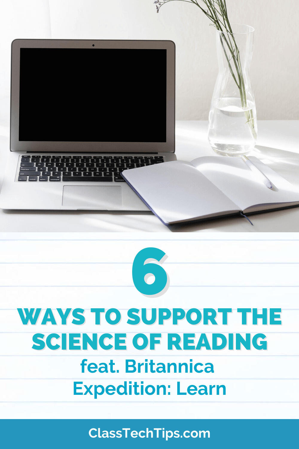 Teacher's desk featuring a laptop displaying literacy resources, complemented by a cozy coffee cup and vibrant flowers, ready for a productive session.