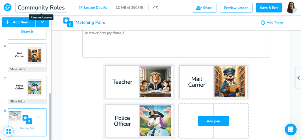 Nearpod lesson creation screen showcasing how to use AI images to create an engaging matching pairs game with custom illustrations for community roles.