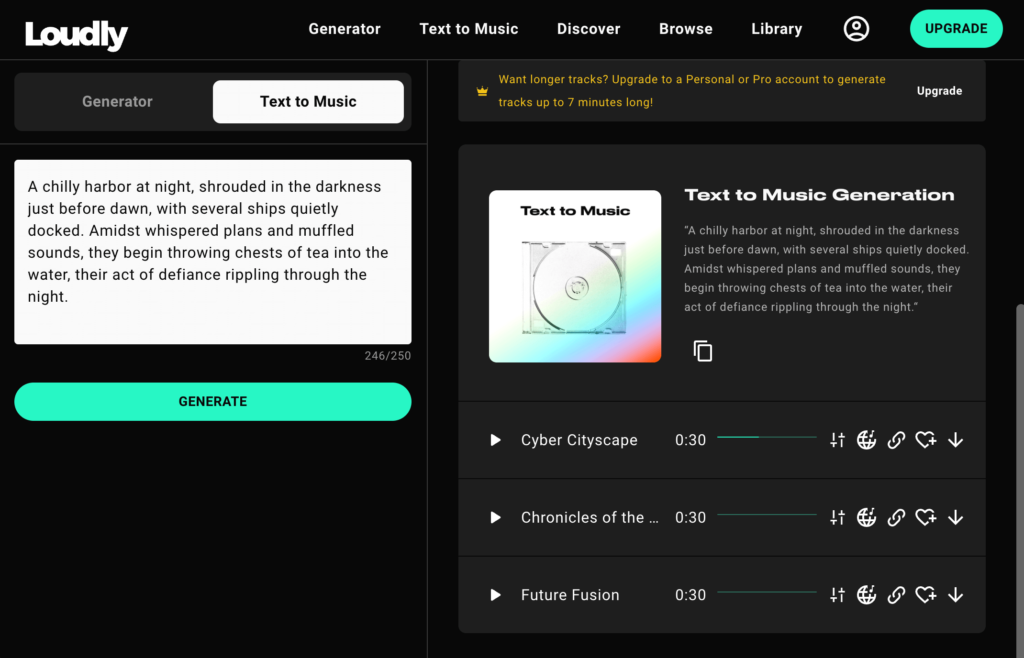 Loudly AI music generator creating music based on a text prompt about a historical event, ideal for classroom use in educational settings.