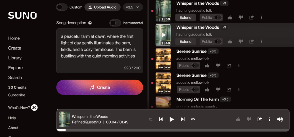 Using Suno AI to create music for the classroom, featuring a description-based prompt that generates custom AI music clips for educational use.