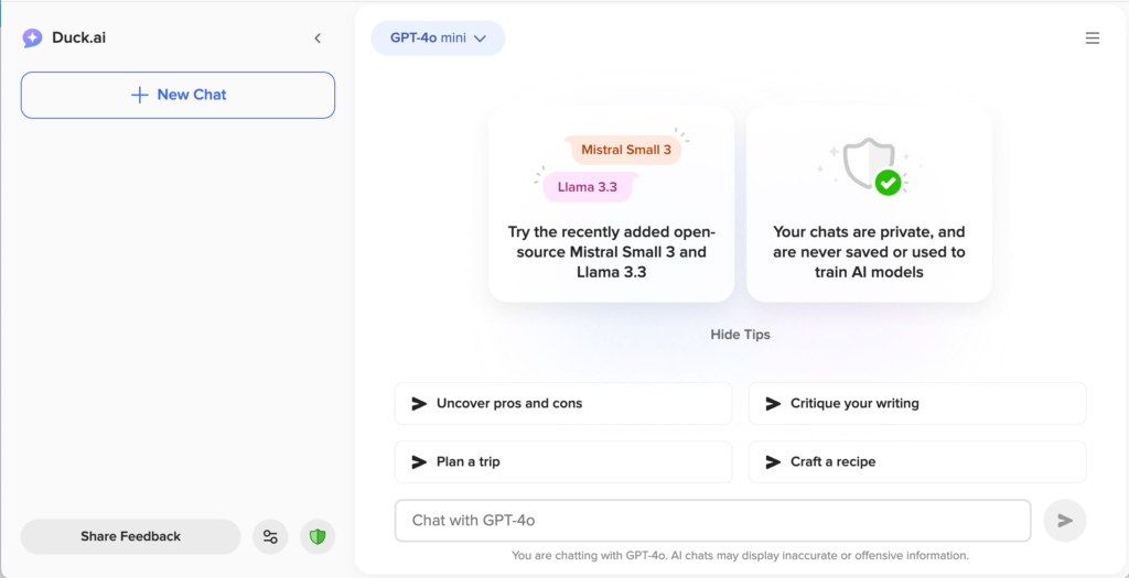Screenshot of Duck.ai interface showing available AI models like GPT-4o, relevant to AI chatbots for teachers exploring secure options.