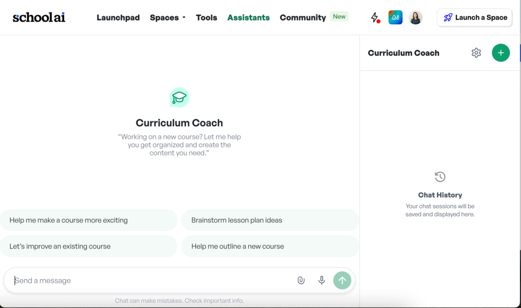 SchoolAI interface showing Curriculum Coach assistant, an example of AI chatbots for teachers building courses and lesson plans.
