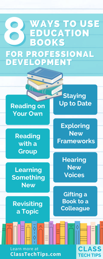 Infographic with 8 ways to use education books for professional development, including solo reading, group discussion, and staying up to date.