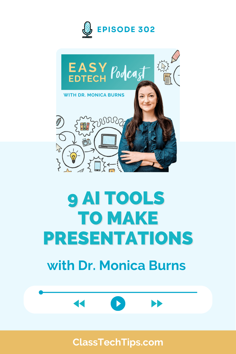 Podcast cover for Easy EdTech Podcast, Episode 302: 9 AI presentation tools to make dynamic and engaging presentations with Dr. Monica Burns.