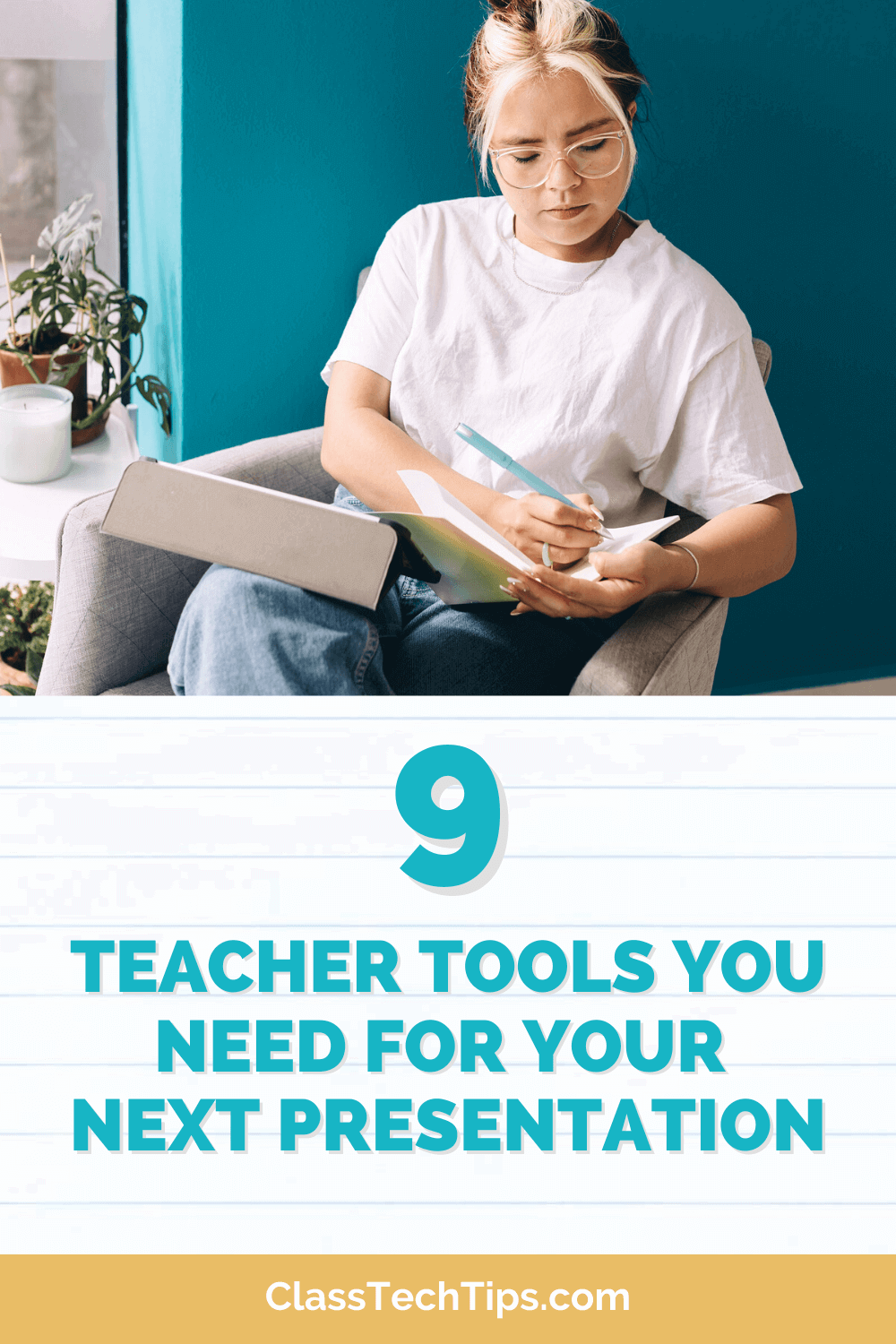 Teacher sitting in chair while holding a tablet and notebook, ready for a lesson with new presentation tools