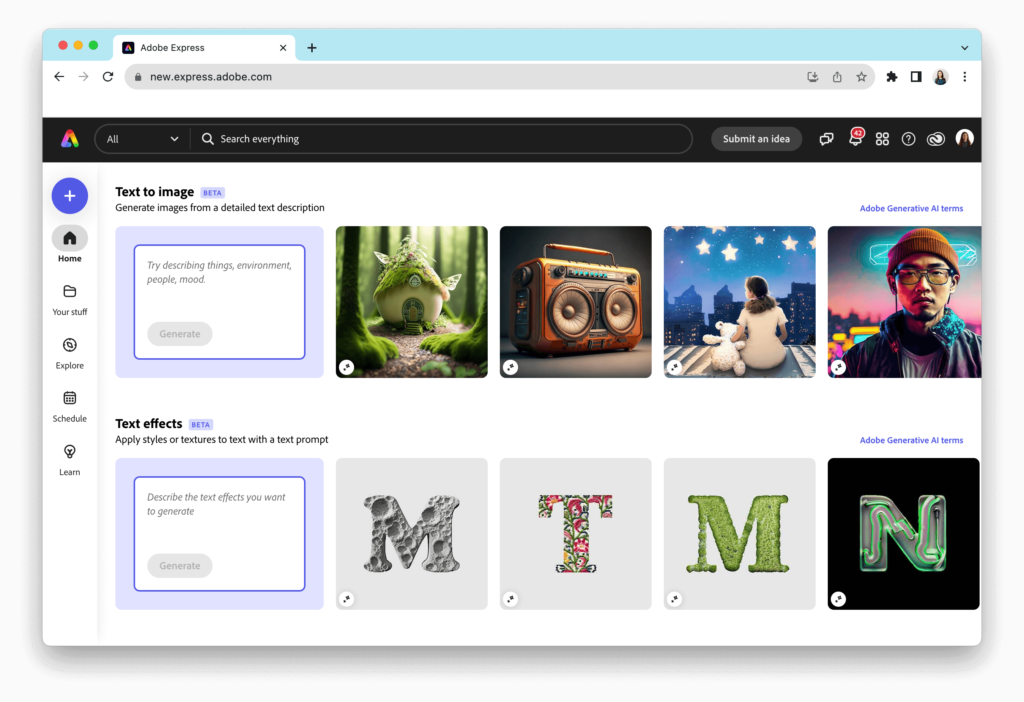 A user interface of Adobe Express' Text Effects tool, displaying various options for customizing text styles and effects.