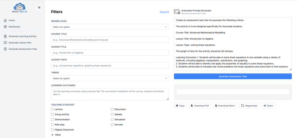 Teacher dashboard with AI-Powered Instructional Design tools for creating personalized learning resources