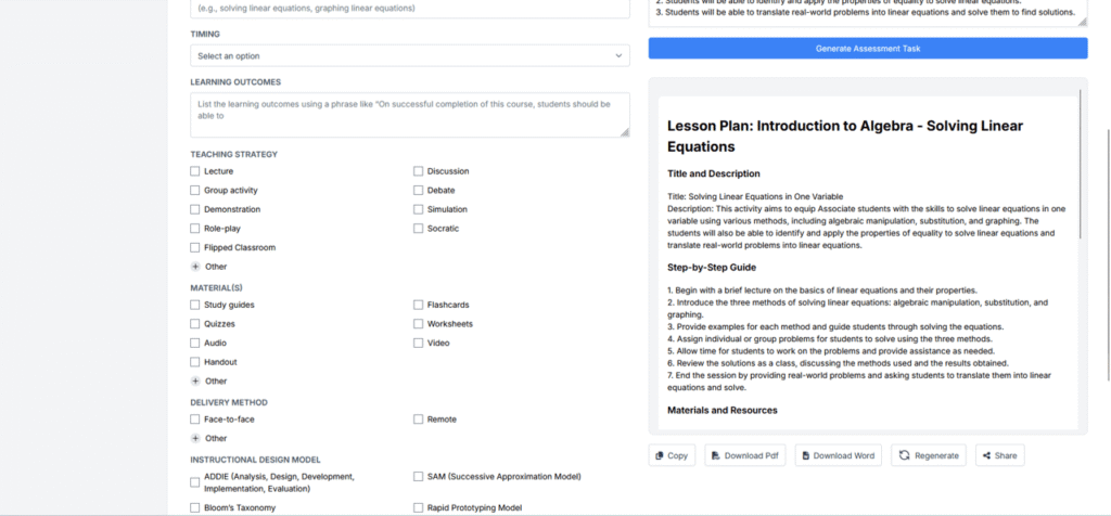IDEAL-Gen.AI platform screen for generating assessment tasks using AI-Powered Instructional Design