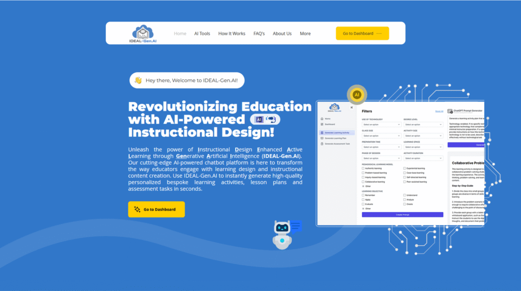 Homepage of IDEAL-Gen.AI featuring AI-Powered Instructional Design tools for educators