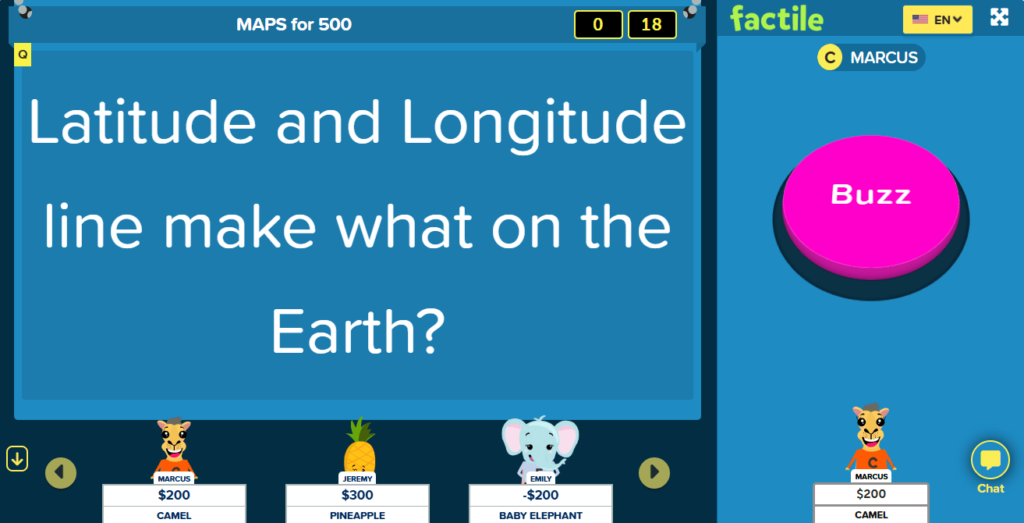 Factile Jeopardy game maker showing the Buzzer Mode interface, where students answer a geography question about latitude and longitude lines.