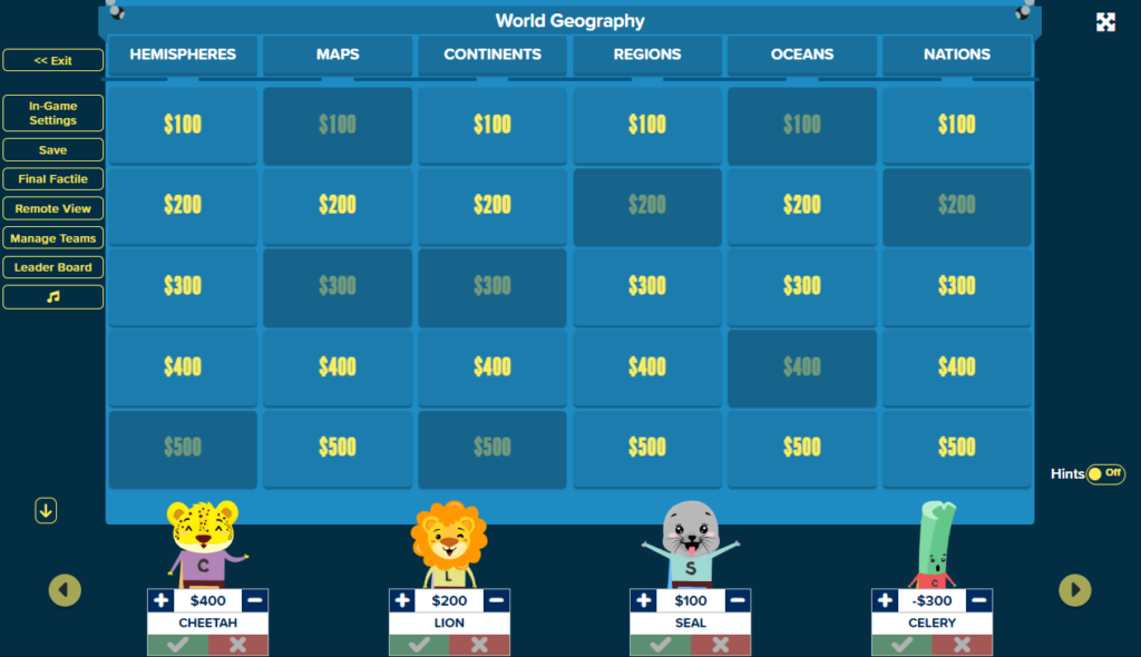Factile Jeopardy game maker displaying a World Geography game board, allowing students to select questions from various categories like maps and regions.