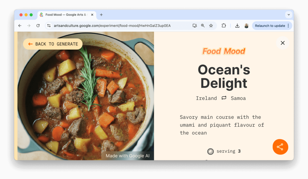 Example of the Food Mood AI tool from Google, showing how it creates recipes to spark classroom discussions on culture and cuisine.