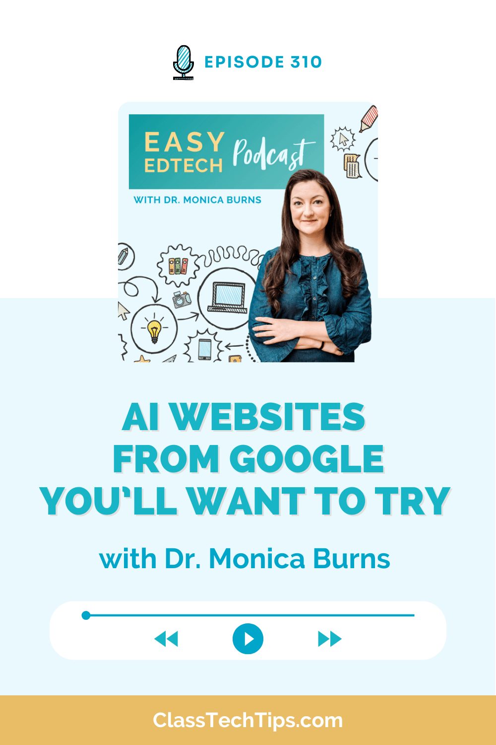 Easy EdTech Podcast Episode 310 cover featuring Dr. Monica Burns, discussing AI Websites from Google to enhance teaching, save time, and engage students.