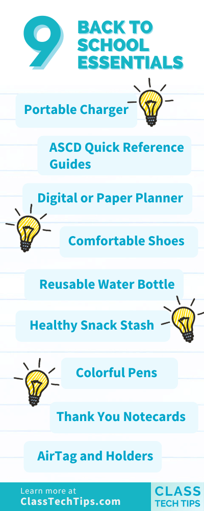 Infographic detailing "9 Back to School Essentials" for teachers, including portable charger, ASCD quick reference guides, planners, and more. Visit ClassTechTips.com for more information.