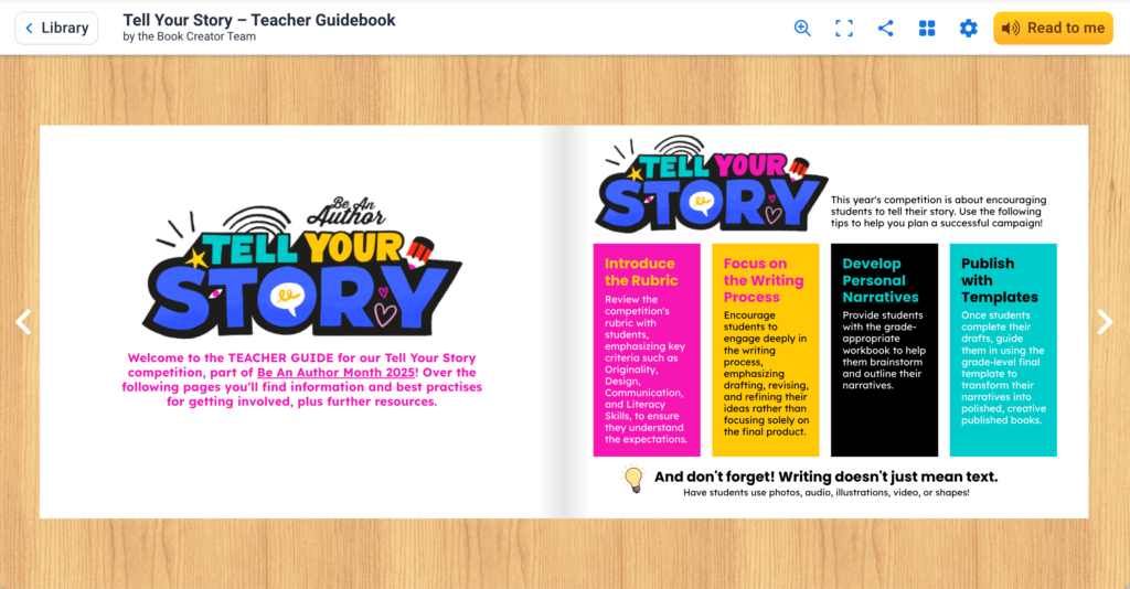 Teacher guidebook for the 'Tell Your Story' student writing competition, part of Be An Author Month 2025, with writing tips and resources.