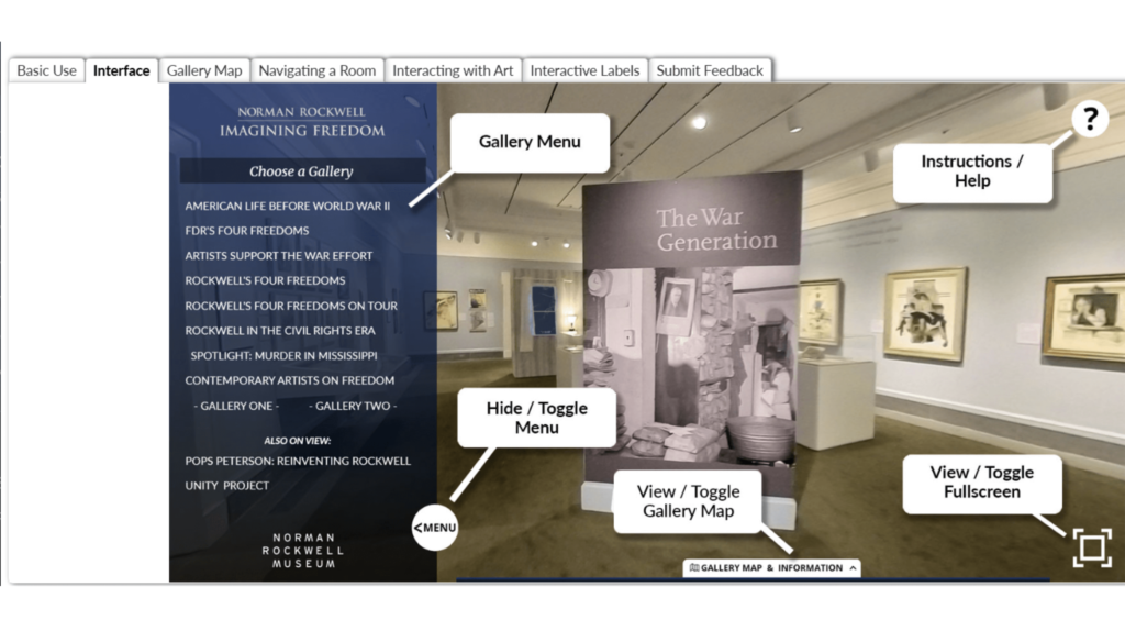 Navigation menu from the Norman Rockwell Museum’s free virtual field trip showing gallery options and interface features.