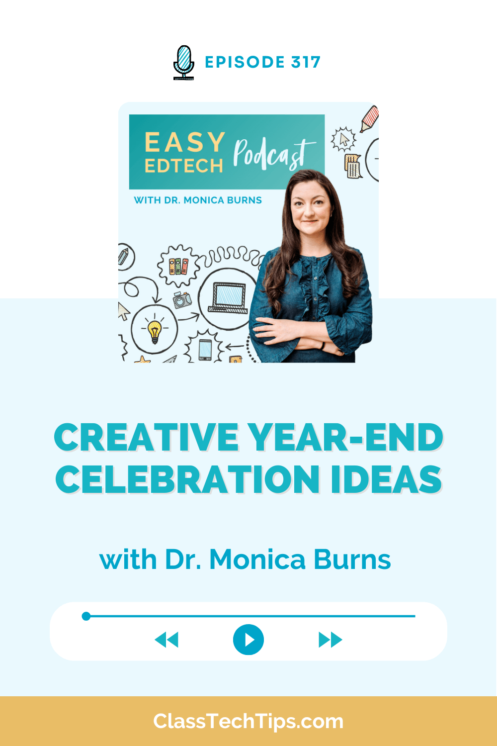 Podcast cover for "Creative Year-End Celebration Ideas" with Dr. Monica Burns, featuring tech tips for memorable classroom celebrations.