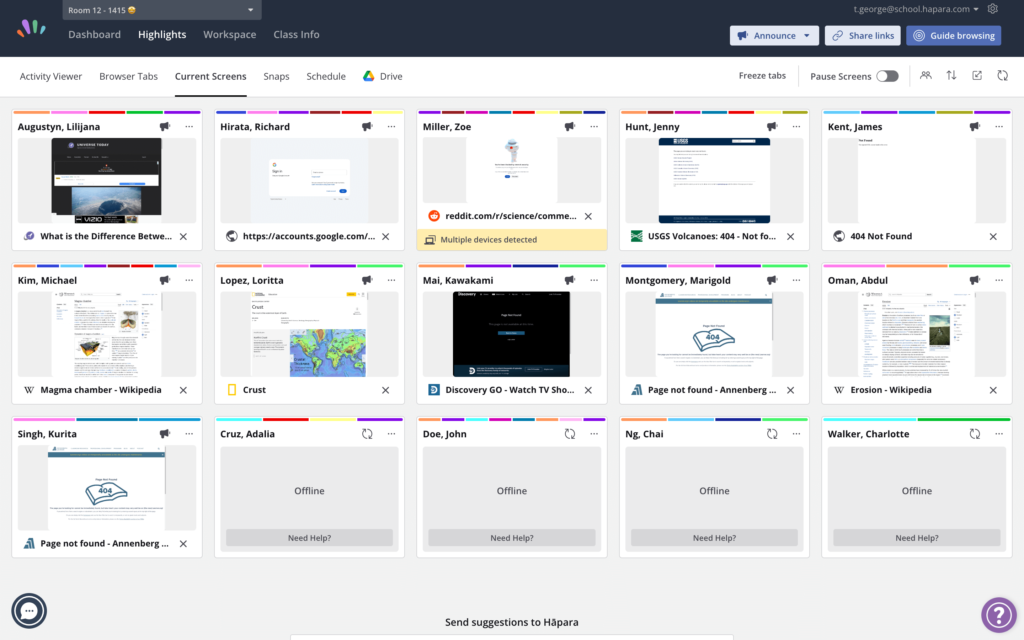 Screenshot of Hāpara Highlights’ Current Screens view, helping educators monitor student activity and support executive function skills development such as self-monitoring and task persistence.