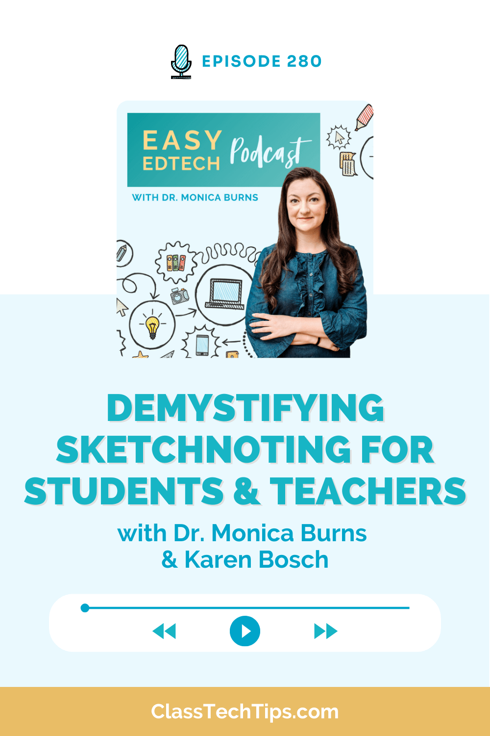 Cover image for Episode 280 of the Easy EdTech Podcast titled "Demystifying Sketchnoting for Students and Teachers" featuring Dr. Monica Burns and Karen Bosch, discussing the benefits and techniques of sketchnoting for students.