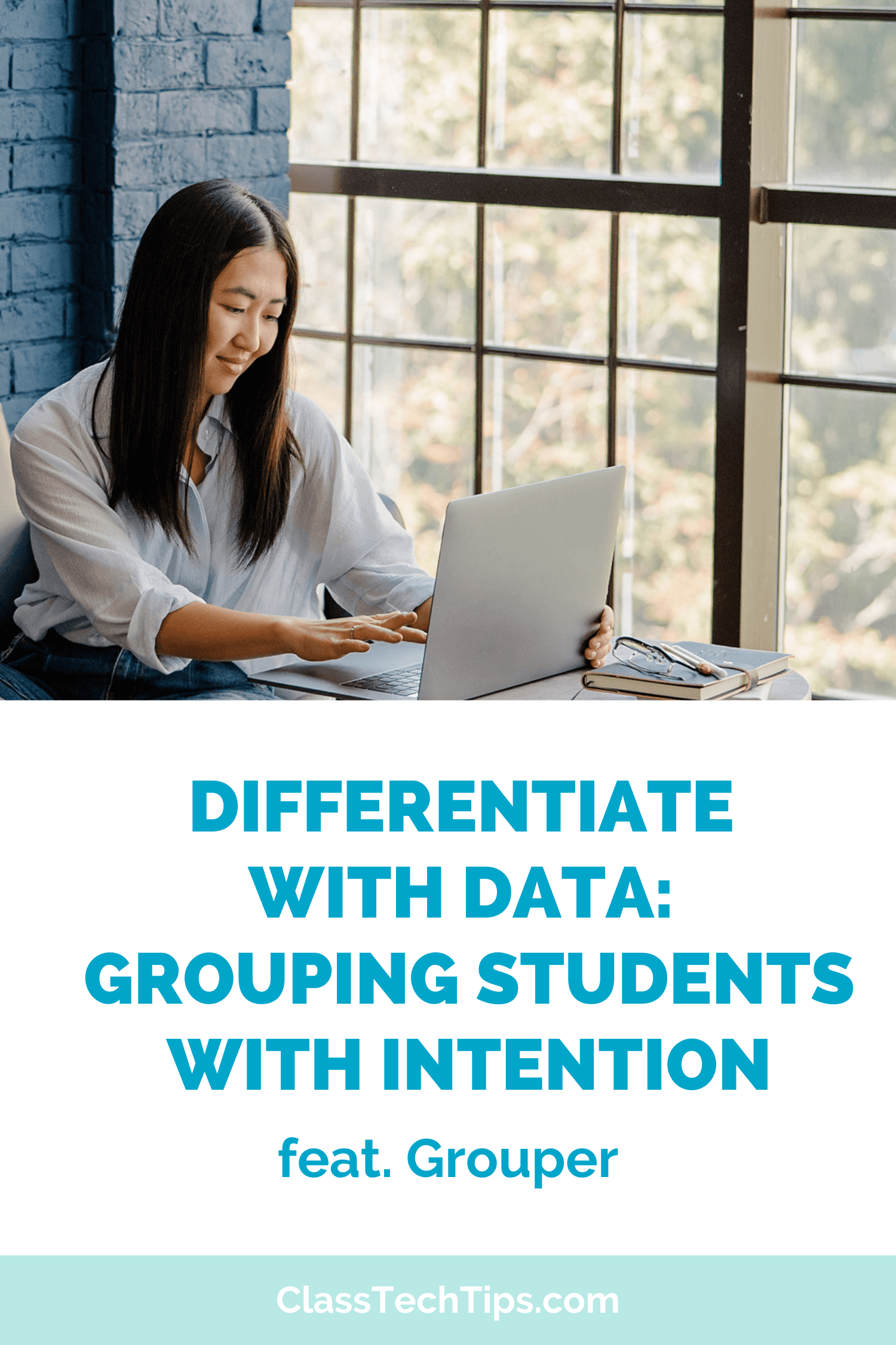 A teacher using technology to plan instructional groups, featured in a Class Tech Tips blog post about grouping students strategically with data-driven insights.