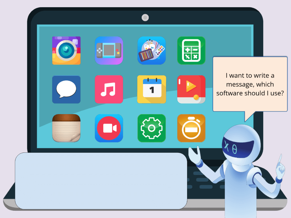 Digital citizenship curriculum visual showing a robot asking which app to use for writing a message on a colorful laptop screen with various software icons.