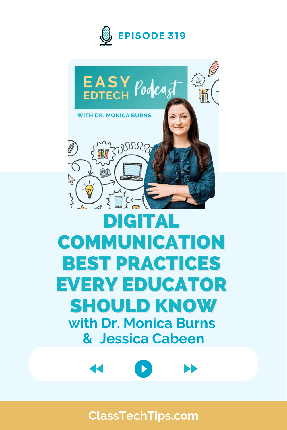 Promotional graphic for Easy EdTech Podcast Episode 319 titled "Digital Communication Best Practices Every Educator Should Know" with Dr. Monica Burns and Jessica Cabeen, featuring podcast branding and icons related to education technology.