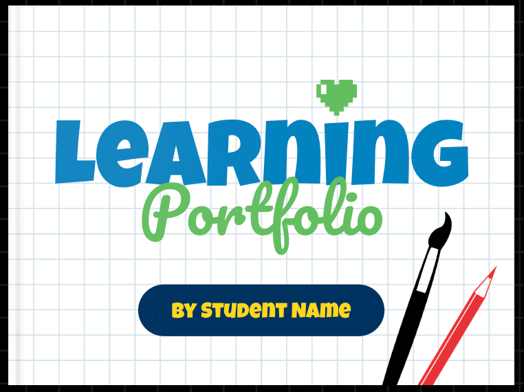 Book Creator's Learning Portfolio template with a grid background and playful graphics, ideal for students to track and display their educational progress. The template includes customizable areas for student information and artistic elements.