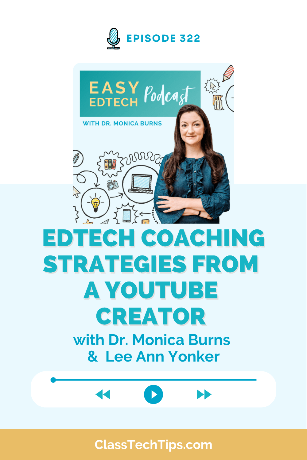 Cover image for the Easy EdTech Podcast Episode 322 titled "EdTech Coaching Strategies from a YouTube Creator," featuring Dr. Monica Burns and Lee Ann Yonker.