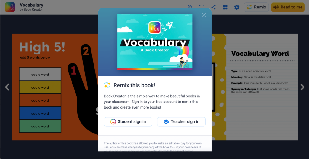 Book Creator tool for creating vocabulary journals as a study tip for students, promoting independent learning through personalized glossaries.