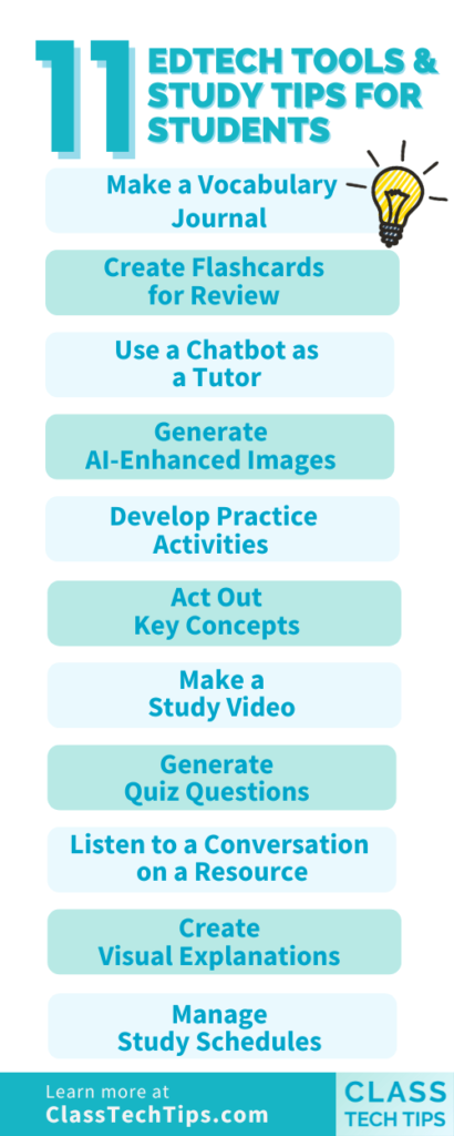 Infographic featuring 11 EdTech tools and study tips for students, including flashcards, chatbots, and AI-powered learning strategies.