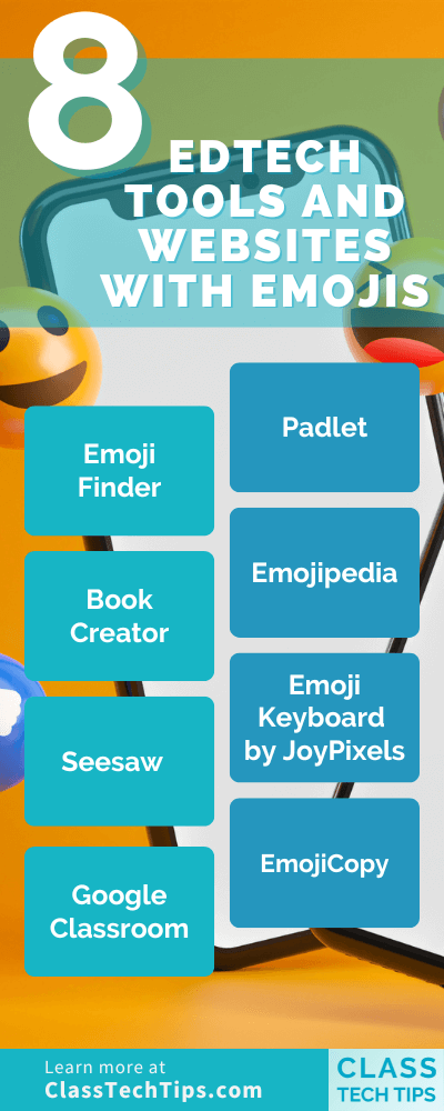 Infographic listing 8 EdTech tools and websites with emojis, including Google Classroom, Padlet, Book Creator, and Seesaw, for classroom use.