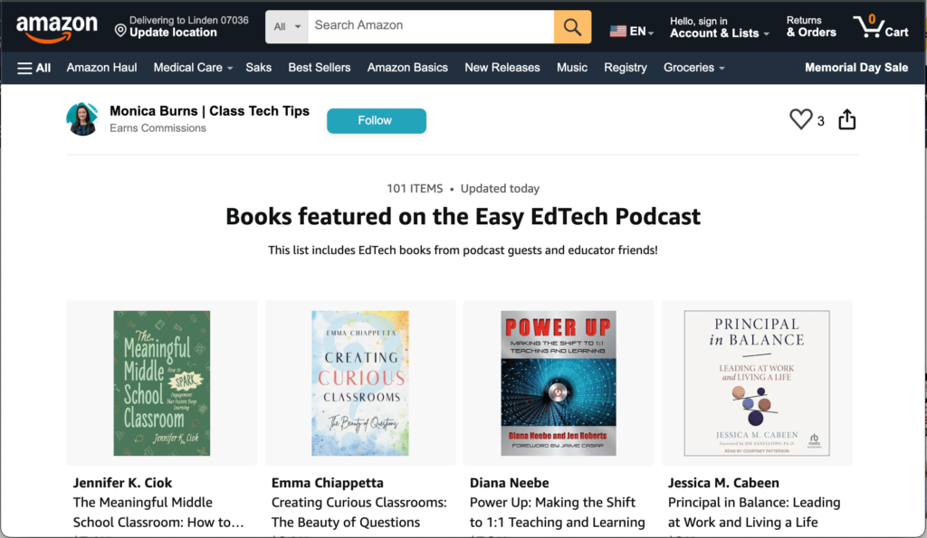 Screenshot of Amazon book list curated by Monica Burns, featuring 100+ education books for professional development from Easy EdTech Podcast guests.
