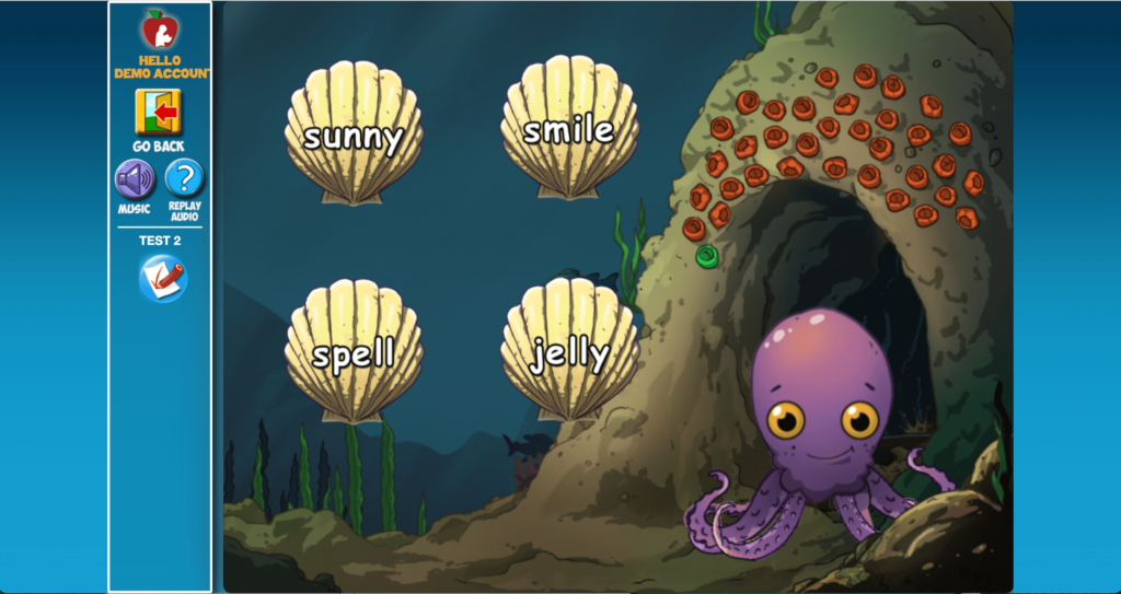 An engaging underwater-themed activity from Red Apple Reading featuring an octopus and words like "sunny" and "spell," designed to enhance student literacy skills.