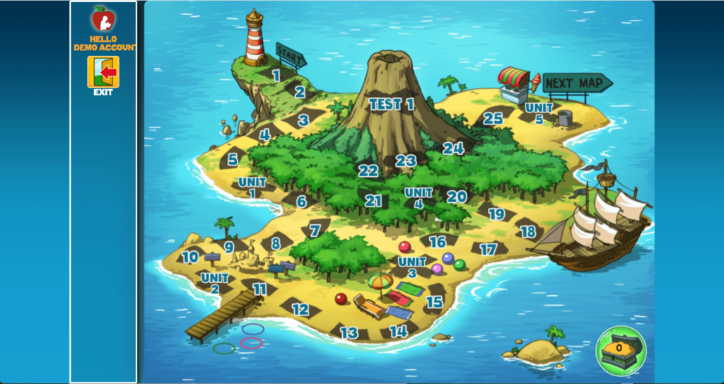 Colorful island map interface from Red Apple Reading's program, showing a gamified approach to building student literacy skills with interactive lessons.
