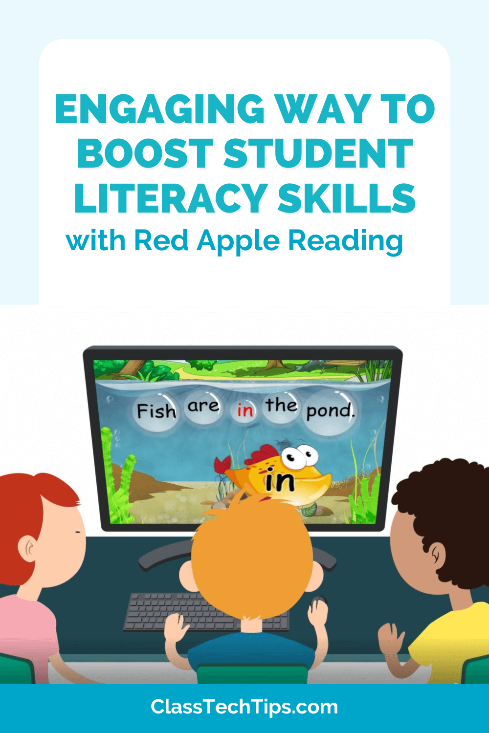 Illustration of a young student using a computer with Red Apple Reading, showcasing an engaging way to boost student literacy skills with fun, interactive lessons.