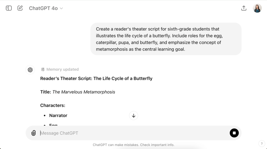 Image of a ChatGPT interface creating a reader's theater script about the life cycle of a butterfly for sixth-grade students, emphasizing the educational concept of metamorphosis.