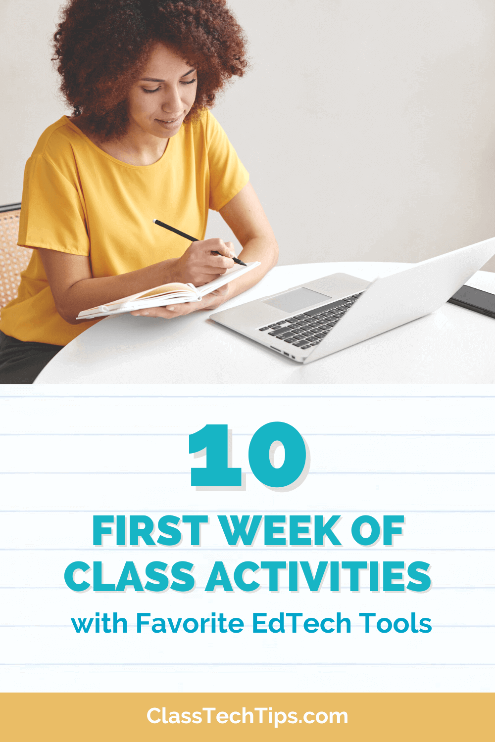 Educator in a yellow shirt planning engaging first-week class activities on her laptop, setting a positive tone for the semester.