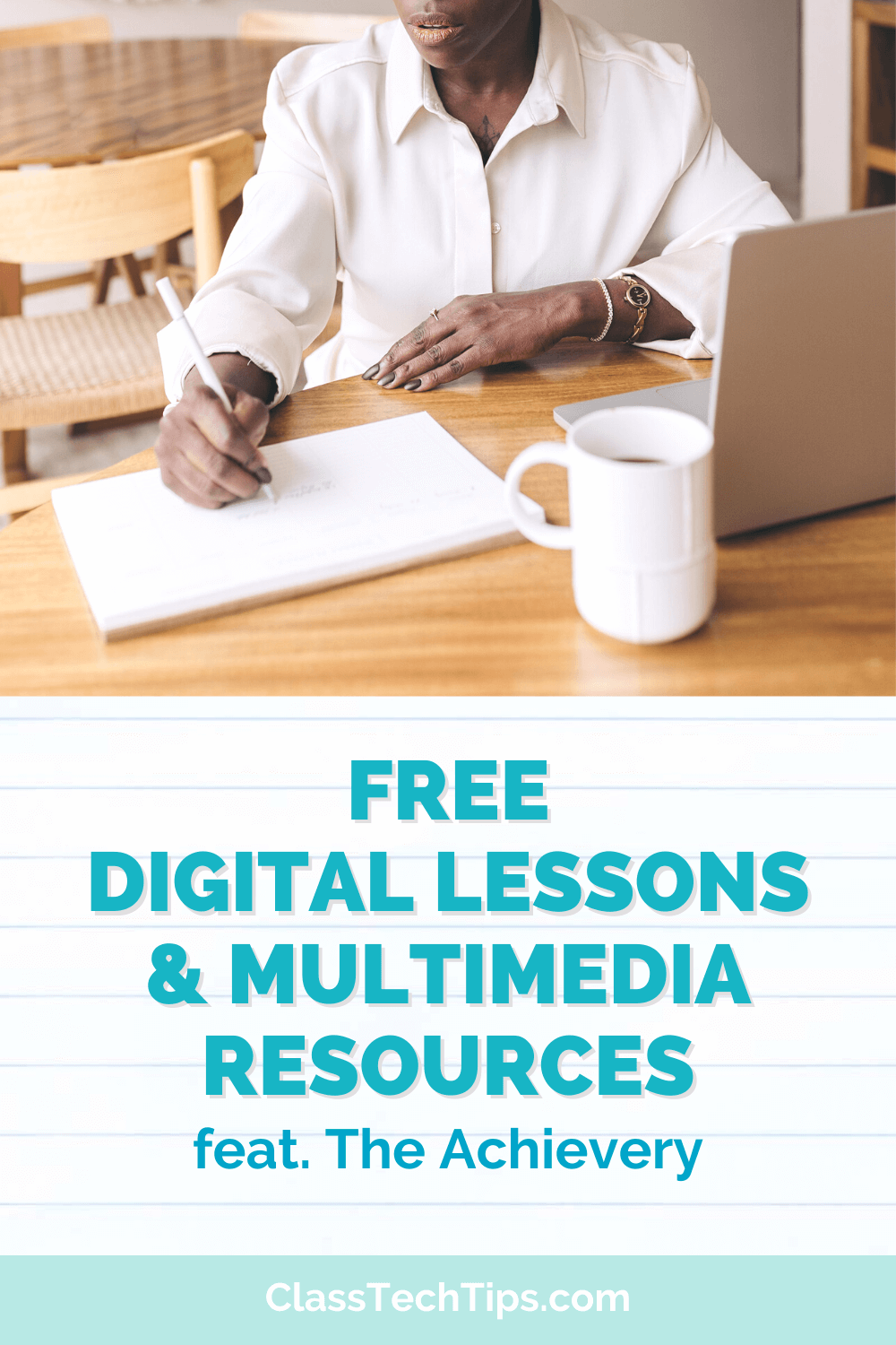 Teacher smiling while planning lessons on her laptop, surrounded by a notebook and a cup of coffee, ready for a productive day.