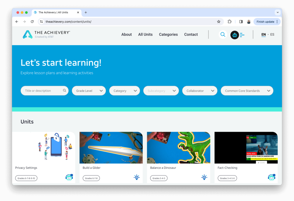 Homepage of The Achievery platform displayed on a computer screen, showcasing a variety of educational resources and subjects for teachers.