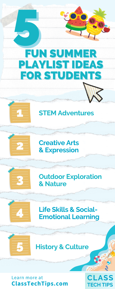 Infographic with 5 Summer Playlist Ideas for students including STEM, arts, nature, SEL, and culture, shared by Class Tech Tips.