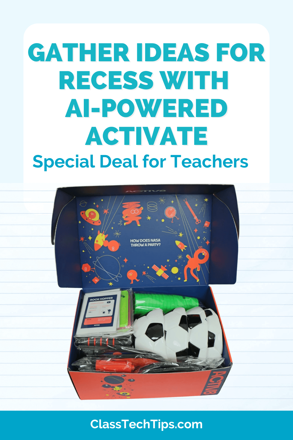 Activate box with sports equipment like soccer balls, jump ropes, and bean bags to support recess ideas for students. Use this kit to gather ideas for recess and promote physical activity.